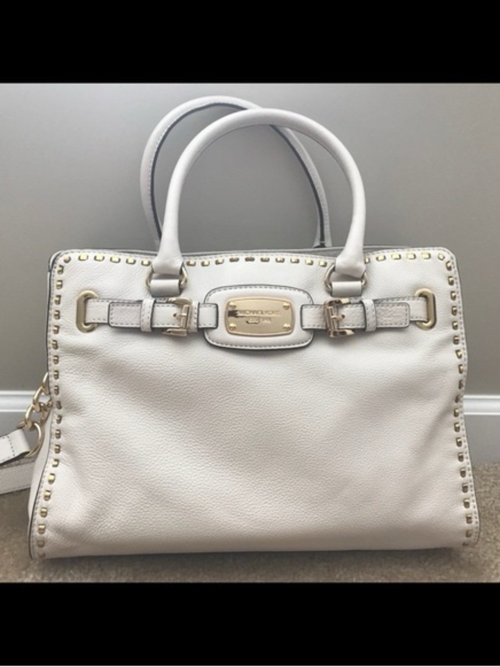 Michael Kors Hamilton White Leather Satchel with silver trim and Hardware